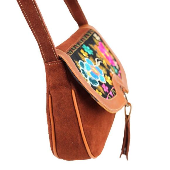 HANDCRAFTED BROWN GENUINE LEATHER SUEDE EMBROIDERY FLAP XBODY PURSE SHOULDER BAG - Picture 4 of 16